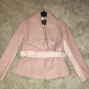 BLANC NOIR PINK WOOL BLEND LEATHER DETAILING WATERFALL COLLAR LINED COAT NWOT